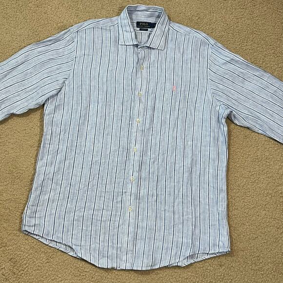 Polo Ralph Lauren Mens Linen Long Sleeve Blue Striped Button Up Shirt Size Large - Picture 4 of 6